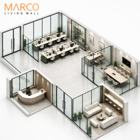 Solution de bureau avec cloison en verre transparent, étagères de rangement ouvertes, canapé double et coin invité pour salon et salle de sport, écologique