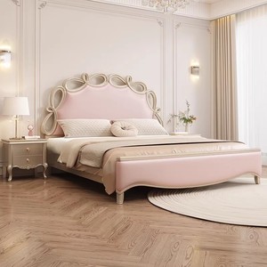 Cama Doble <span class=keywords><strong>de</strong></span> Madera Maciza <span class=keywords><strong>de</strong></span> Lujo Ligero, Estilo Princesa, con Lazo Rosa <span class=keywords><strong>de</strong></span> 1.8 m, en Color Crema Francés, con Cuero Genuino, para Segunda Cama Suave - Product Image 4