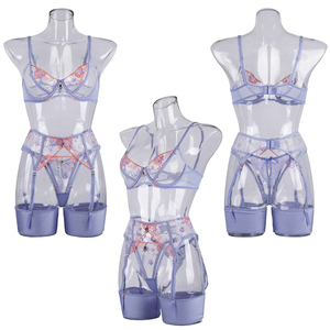 Vakmanschap Borduurwerk Mesh Splicing Driedelige Body Shaping Split Lingerie Set Doorzichtig Ondergoed Kanten Strik Decoraties - Product Image 5