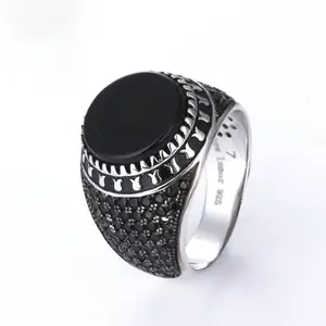 Turkish Jewelry Vintage 925 Sterling Silver Mens Rings Natural Agate Black Stone Finger Ring Factory Wholesale