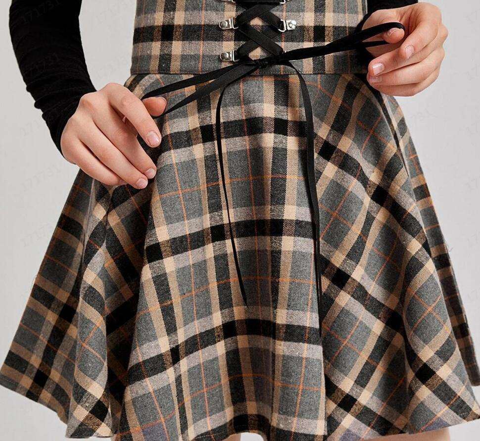 Vintage Women Scotland Plaid Bandage High Waist Skirt