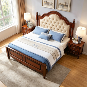 Traditional Mahogany Queen Size Upholstered Bed Frame with Faux Leather Headboard and Wood Construction - Product Image 2