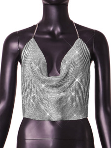 <strong>Sparkly</strong> Crystal Cowl Neck Backless Cami <strong>Top</strong> for Women Evening Party Clubwear Sleeveless Crop <strong>Vest</strong> Women's Cami <strong>Top</strong> - Product Image 5