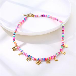 Lettres personnalisées collier de perles en argile polymère pour les femmes arc-en-ciel <span class=keywords><strong>poterie</strong></span> perle nom initiale en acier inoxydable mode enfants bijoux - Product Image 4