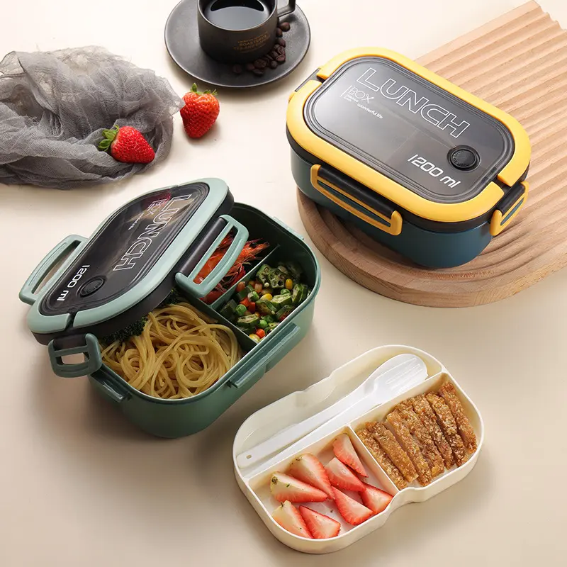 नोव्यू Produit 2023 1200ml बच्चों Leakproof पीपी डबल परतों रसोई भंडारण प्लास्टिक दोपहर के भोजन के बॉक्स के साथ Comaprtment