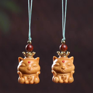 Wooden <b>Cat</b> Pendant Keychain 3.3x2.0cm Chinese Style Car Charm Hanging Ornament For Phone Bag Decoration - Product Image 1