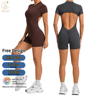 Combinaison de yoga courte pour femme, personnalisée, avec fermeture éclair 1/4, dos évidé, coussinets amovibles, effet froncé aux fesses, respirante, pour la gym et l'entraînement en extérieur