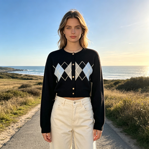 Cárdigan de Punto Personalizado para Mujer, <span class=keywords><strong>Guian</strong></span>, Nuevo, OEM y ODM, de Alta Calidad, con Diseño de Diamantes Intarsia, Manga Larga - Product Image 2