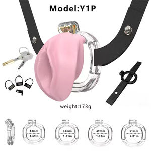 BDSM Cage de chasteté masculine dispositif de verrouillage en plastique léger et souple avec 4 anneaux Cage à bite rose jouets sexuels pour adultes pour hommes Couples - Product Image 3