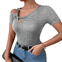 Kaos Pendek Wanita Eropa Musim Gugur Terbaru Bordir Asimetris Kerah Miring Bahan Denim/Kanvas Simpel Elastis untuk Sehari-hari Model Bertumpuk