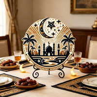 Décoration de maison Ramadan : Plaque ronde en résine avec croissant et étoile, scène mosquée et palmier en résine UV 3D en relief, ornement de bureau