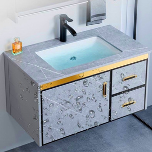 Mobile Bagno di Lusso Moderno Sospeso con Specchio e Lavabo Integrato in Alluminio - Product Image 6