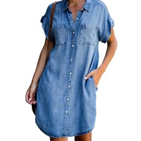 Gaun Kemeja Denim Wanita Model Terbaru S-5XL Kerah Kancing Lengan Pendek Warna Solid Gaya Eropa Kasual Panjang Midi