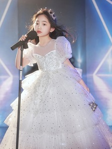 Abito in rete gonfio con paillettes bianco di fascia alta stile Lolita da principessa per feste di compleanno serali per bambini - Product Image 4