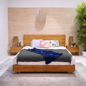 Lit flottant moderne et confortable en teck d'Indonésie, lit plateforme en bois massif de taille king, hauteur réglable pour la chambre à coucher - Product Image 1