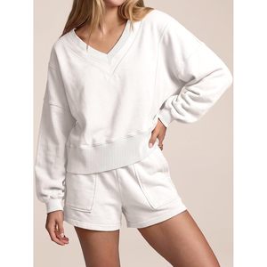 Ensemble de détente 2 pièces pour femme : Sweat-shirt et short, col en V, manches longues, ourlet côtelé, poches, confortable, décontracté, au-dessus du genou, uni, en polyester - Product Image 5