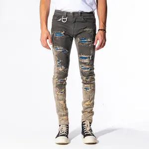 Fashion Skinny Jeans Vintage Wash Ombre Color Tie Dye Distress Wash Custom Logo Printing Patch Work Men's Jeans Stacked Jeans