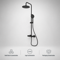 Système de douche thermostatique apparent noir mat, ensemble de douche murale ronde à effet pluie avec douchette à main 6 fonctions pour maison et hôtel