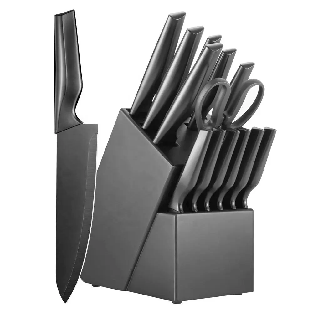 Набор кухонных ножей из 14 предметов, Комплект кухонных ножей из высококачественной углеродистой нержавеющей стали с точилкой и блоком