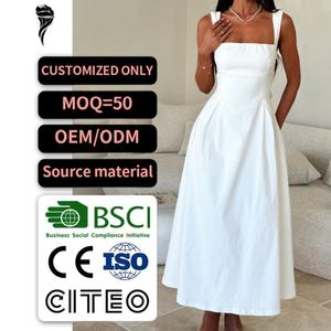 Vestido midi de lino blanco para mujer, con cuello cuadrado, tirantes anchos, espalda descubierta y lazo, estilo A-line - Product Image 1