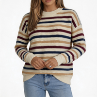 Sweter Rajut Wanita Kerah Bulat Motif Garis Warna-warni Dasar Krem Retro Garis Kontras Bahu Jatuh Lengan Manset Rib Panjang Atasan Pullover