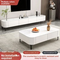 Ensemble table basse et meuble TV en bois massif avec plateau en marbre, design moderne et minimaliste, sur pieds, rangement au sol pour petit appartement
