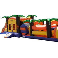 Parcours d'obstacles gonflable commercial sur le thème des palmiers tropicaux, en PVC multicolore, pour un jeu de défis amusant pour les enfants, parc d'aventure
