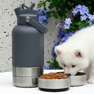 Bouteille d'eau portable 3-en-1 en acier inoxydable à double paroi avec bec verseur et couvercle à paille pour chien, gamelle d'alimentation pour animaux de compagnie, idéale pour les voyages en extérieur - Product Image 1