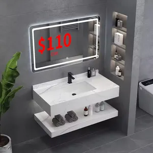 Factory Direct Sale Simple Hotel Style LED Mirror Cabinet Washbasin Double 80cm White Rock Plate Bathroom Cabinet