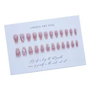 24 unids/set proveedores de uñas hermosa flor impresa prensa en las uñas Rosa ombre Faux ongles medio cuadrado uñas artificiales