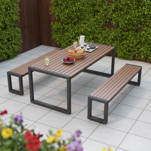 Ensemble de <span class=keywords><strong>table</strong></span> et de chaises de jardin modernes pour l'extérieur, résistant aux intempéries, en fer et en bois, pour une utilisation dans les parcs et les cours - Product Image 1