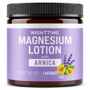 Lotion de nuit au magnésium, à l'arnica et au beurre de karité |   Lotion de soulagement musculaire et articulaire à haute concentration pour les jambes et les pieds |   OBM Écologique - Product Image 1