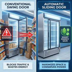 Réfrigérateur commercial de qualité supérieure avec porte coulissante automatique, refroidisseur de boissons, vitrine réfrigérée avec portes vitrées à fermeture automatique et éclairage LED - Product Image 3
