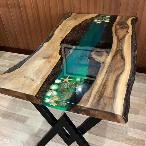De Madera, patas de mesa de comedor, parte superior único río Mesa de restaurante de epoxi claro mesa de resina