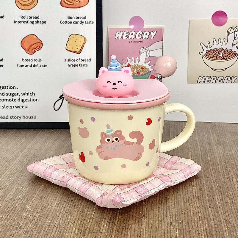 [ฝาปิดแก้วทรงกลมพร้อมช้อน] ลายแมวสีชมพูด้านหลัง