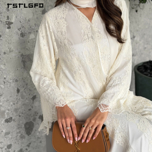 Abaya de Encaje Floral Blanco Puro de Lujo con Ribete Festoneado y Manga Campana, Kimono Modesto para Mujeres Musulmanas, Ideal para Bodas, Fiestas y Eventos Nocturnos - Product Image 3
