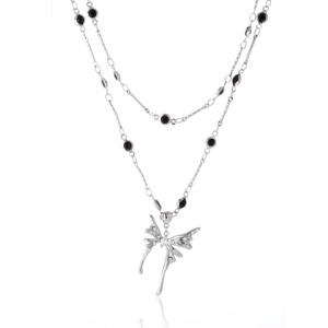 Collana moda a doppia catena in ottone rodio oro bianco K ciondolo a farfalla bianco zirconio diamante nero collana di pietra - Product Image 1