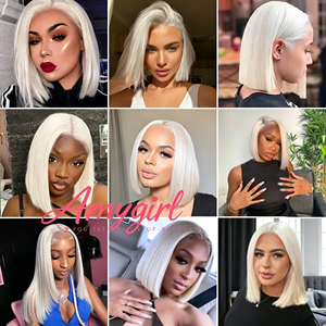 Perruques Bob Blond Platine Gris Argenté 13x4 Lace Frontal Cheveux Humains pour Femmes Lisses et Soyeux Coupe Droite Blanche Blonde - Product Image 5