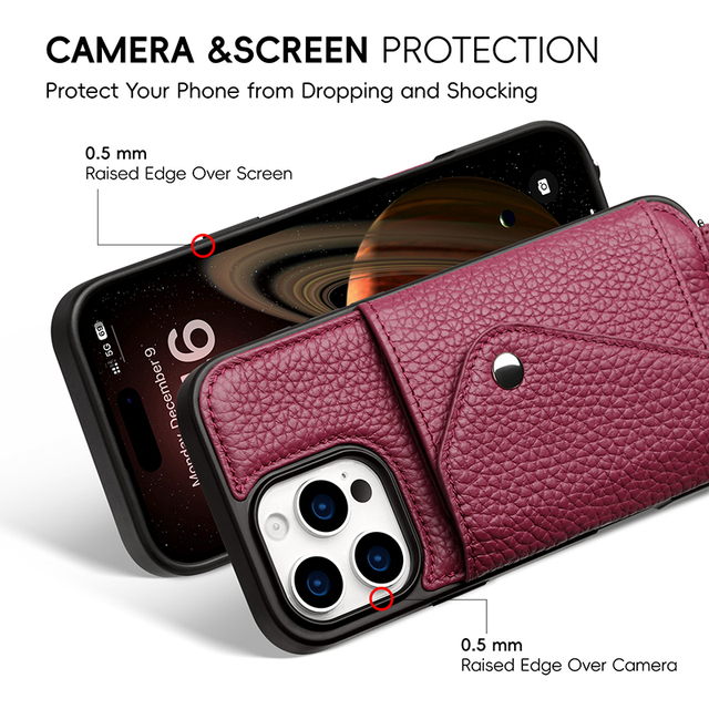 Shockproof Camera Protection Genuine Leather Wallet Phone Case with Crossbody Lanyard for iPhone 16 17 18 Pro Max OEM