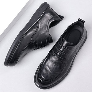 Chaussures Derby en cuir noir pour hommes, tige texturée souple, à lacets, décontractées et habillées, légères, semelle épaisse, pour le travail et le quotidien - Product Image 1