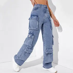 Custom Hip Hop Multi Pockets Wide Leg Cargo Jeans Loose High Waist Boyfriend Style Denim Baggy Women's Jeans Softener Knitted