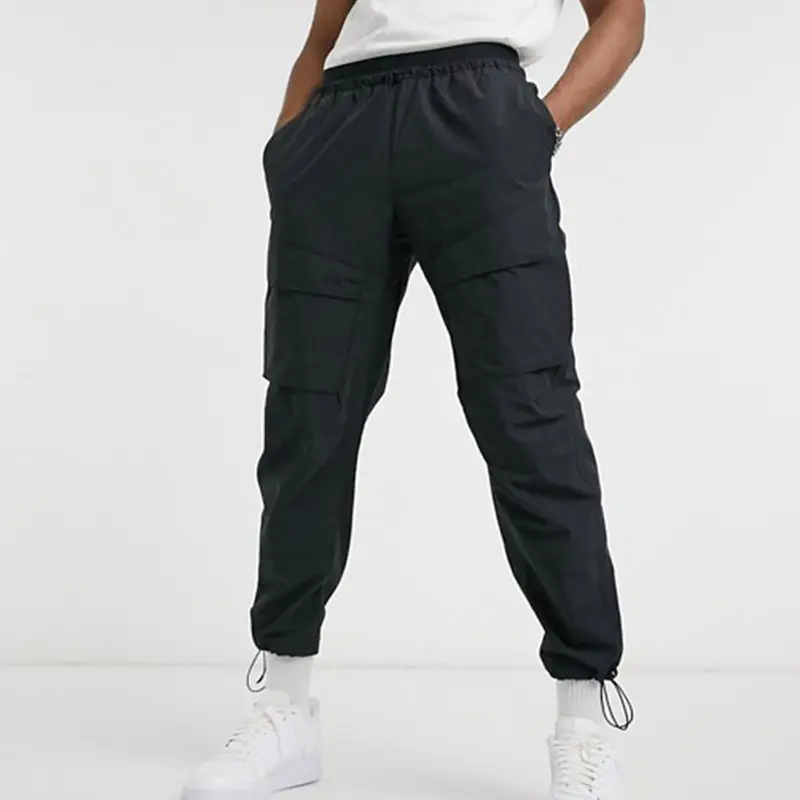 Maxgarment High Quality Unisex Custom Men Hip Hop Tech Track Nylon Cargo Black Pants In Plain