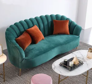 Luxury hotel flocking fabric green velvet fabric modern two seater curve sofa