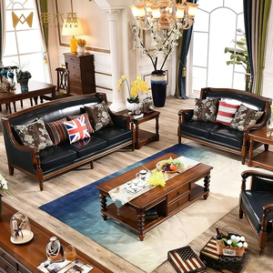 Divano Combinato in Stile Retrò Americano con Legno Massello e Vera Pelle, per Soggiorno, Villa e Arredamento Domestico - Product Image 1