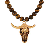 Collar de Piedras de Lava con Estilo Bohemio Tribal, Hecho a Mano con Nudos, Adornado con Diamantes de Imitación, Colgante de Cabeza de Búfalo con Cuernos de Toro