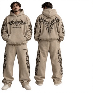 Ensemble survêtement streetwear pour homme, beige, coupe oversize, sweat à capuche et pantalon de jogging, logo brodé personnalisé, coton épais, deux pièces - Product Image 2