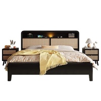 Ensemble de chambre à coucher en bois massif noir simple, taille King, avec cadre en rotin et rangement, lit à LED pour appartement - Vente en gros