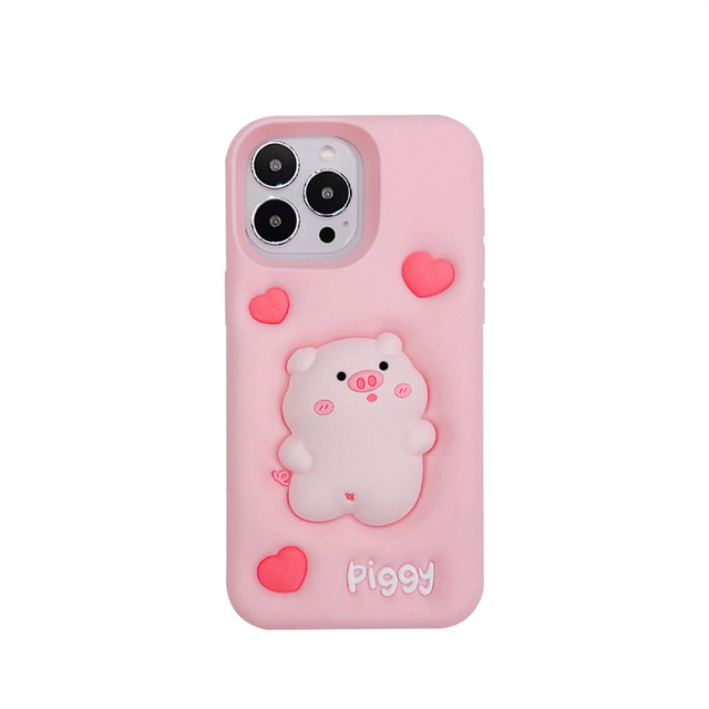 Cartoon Pink Heart Pig 3D Silicone Soft Shockproof Perfect Fit Phone Case for 14 13 12 11 Pro Max Wireless Charging Not