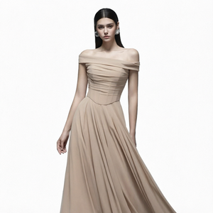 Elegante Vestido Largo de Gasa con Hombros Descubiertos, Corte A, Transpirable, para Fiesta Formal, con Pliegues Sencillos y Cintura Imperio - Product Image 2