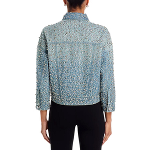 Veste en jean délavée bleu clair pour femme, coupe courte, à boutons, col à revers, entièrement ornée de strass, style streetwear pour soirée - Product Image 2